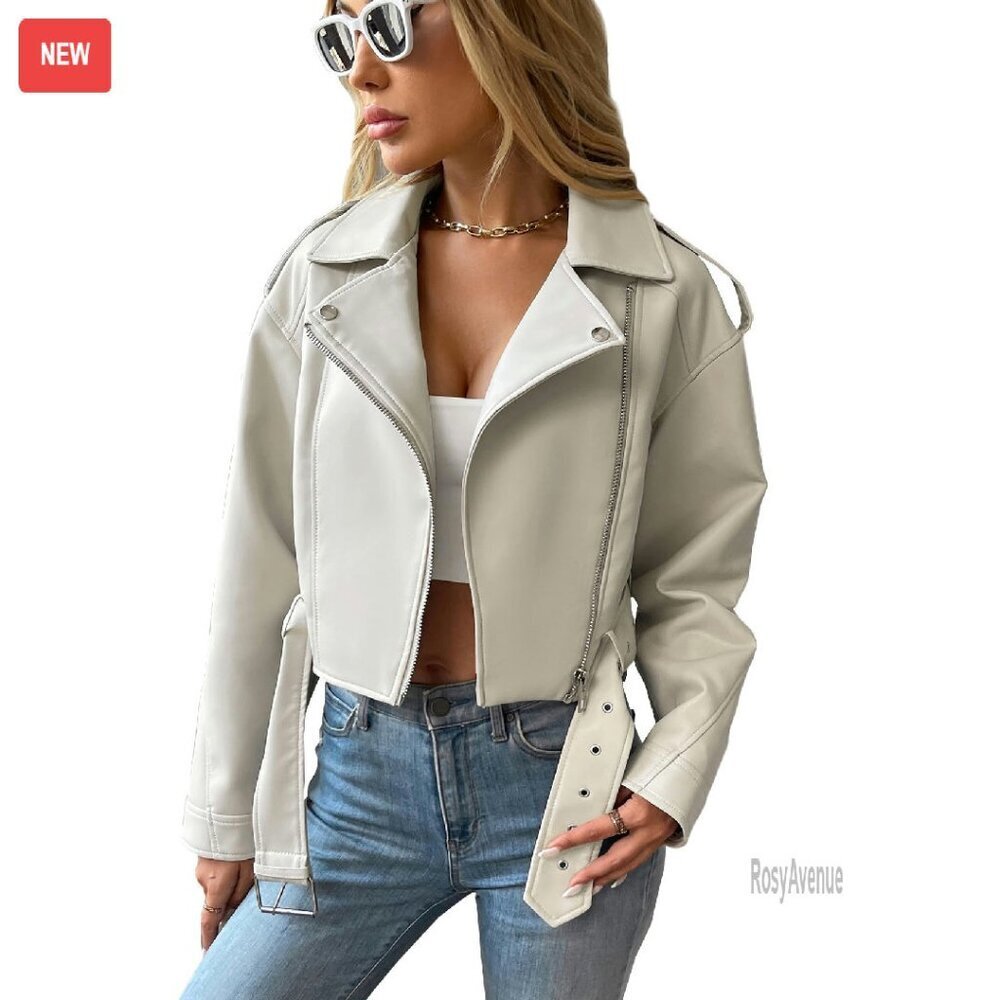 Faux Leather Cropped Jacket with Belt, Vegan Motor Biker Coat
